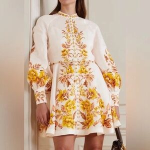 ZIMMERMANN 
Vacay Beaded Belted Floral-Print Linen Mini Dress size 0